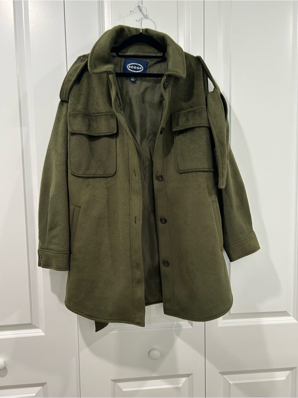 SCOOP Women's Olive Green Oversized Faux Wool Jacket With Belt